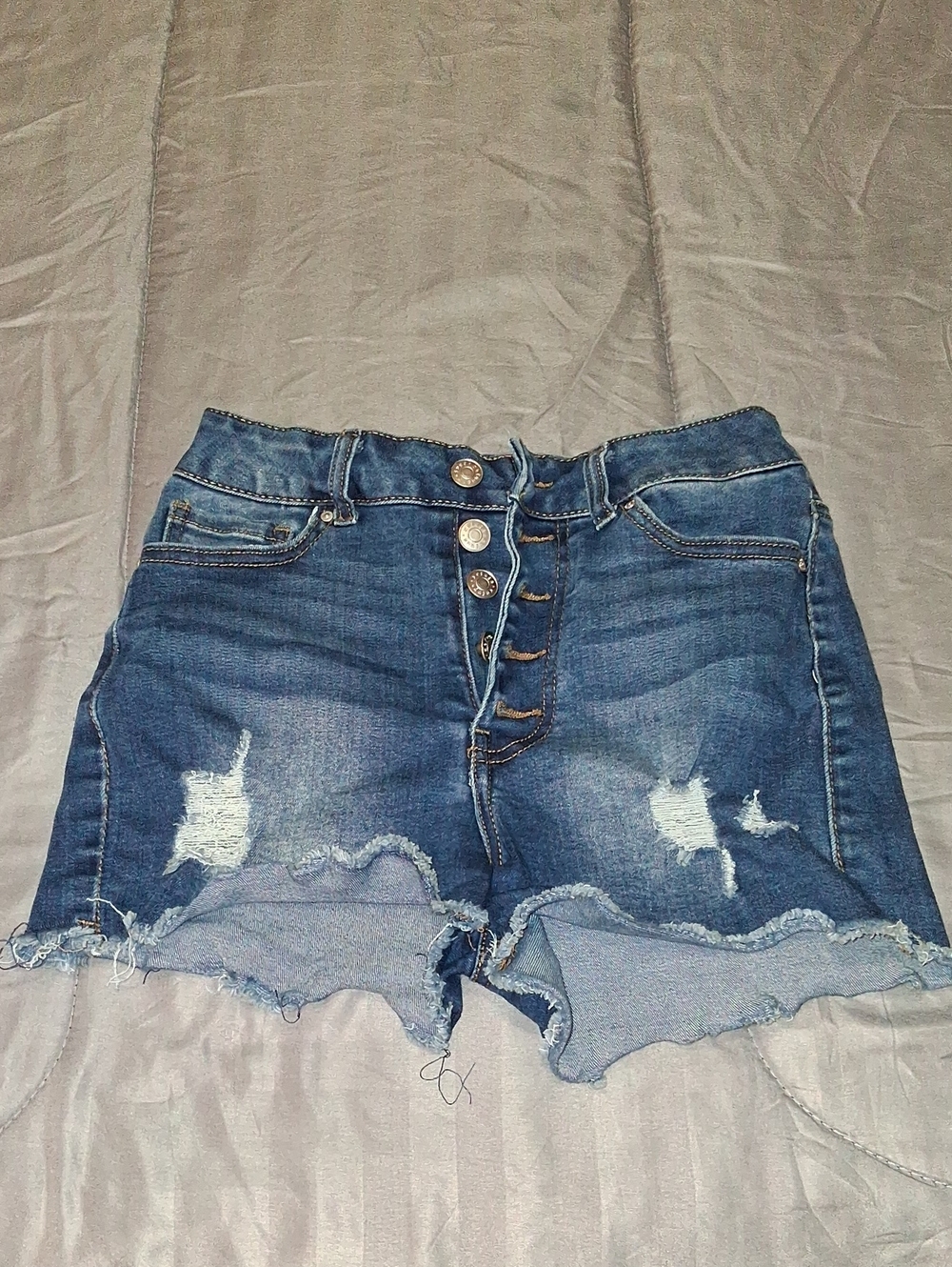 Rue21 Dark Blue Distressed Button-Fly Denim Shorts